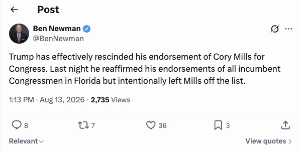 Ben Newman: Trump has effectively rescinded his endorsement of Cory Mills for Congress